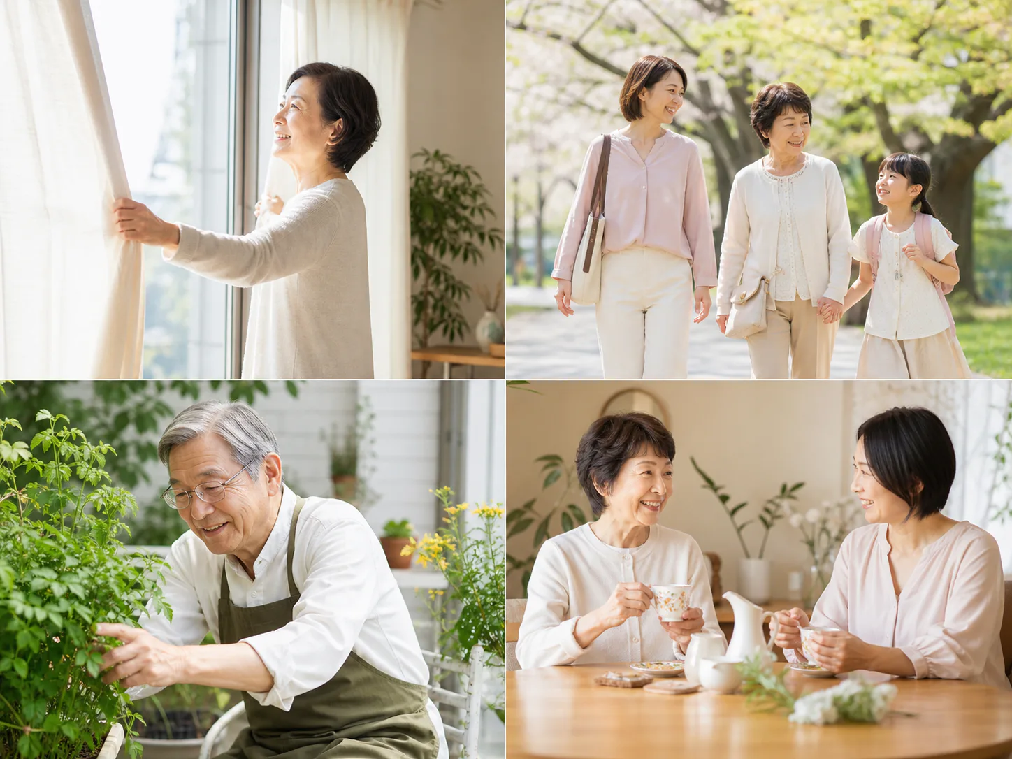 朝、明るい部屋でカーテンを開ける女性のイメージ