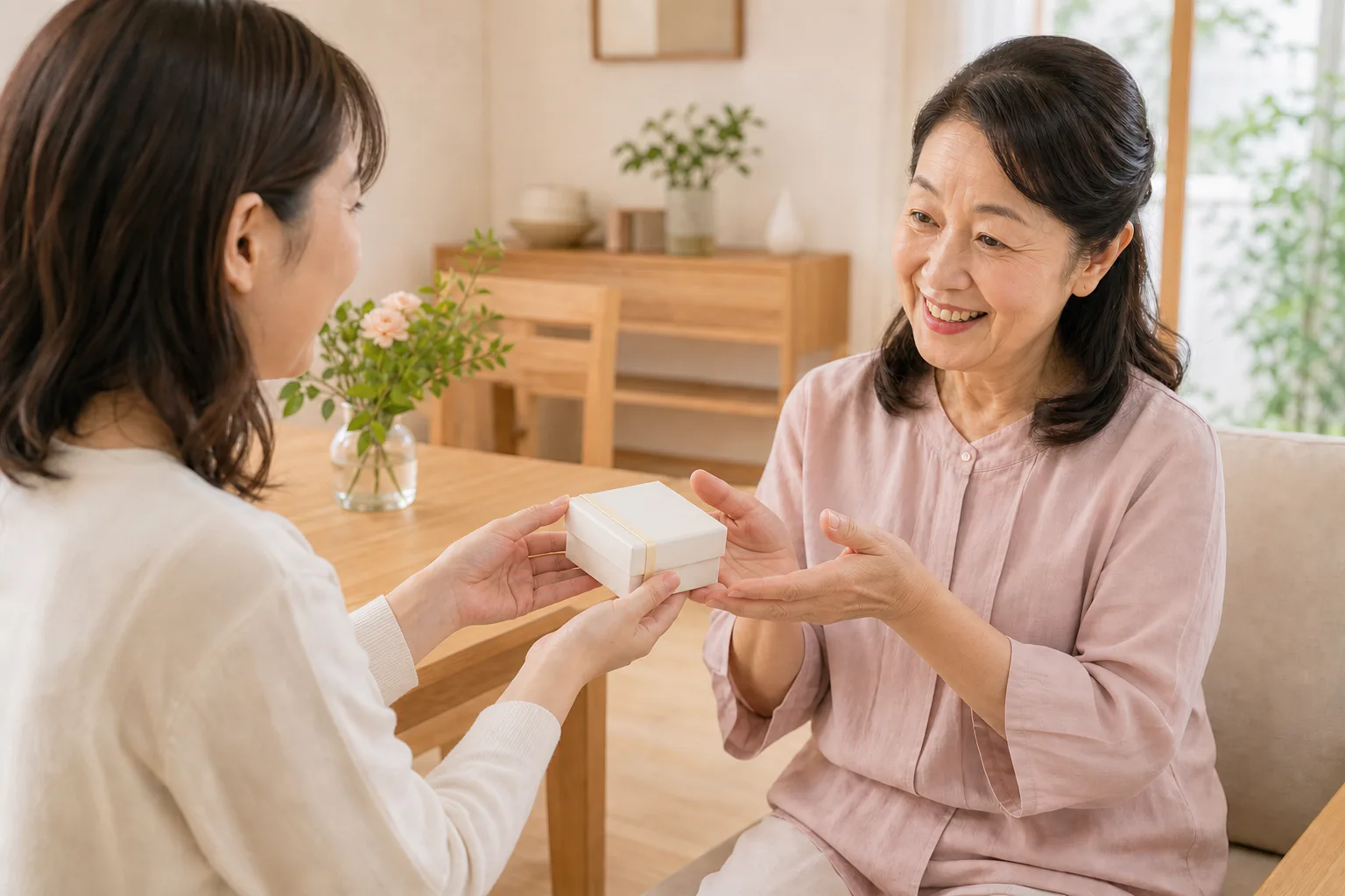 明るい自宅で、娘が母へ小さな贈り物を手渡す場面
