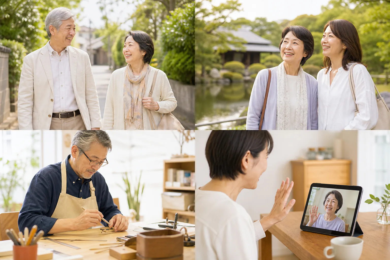 緑のある道を夫婦で歩くイメージ