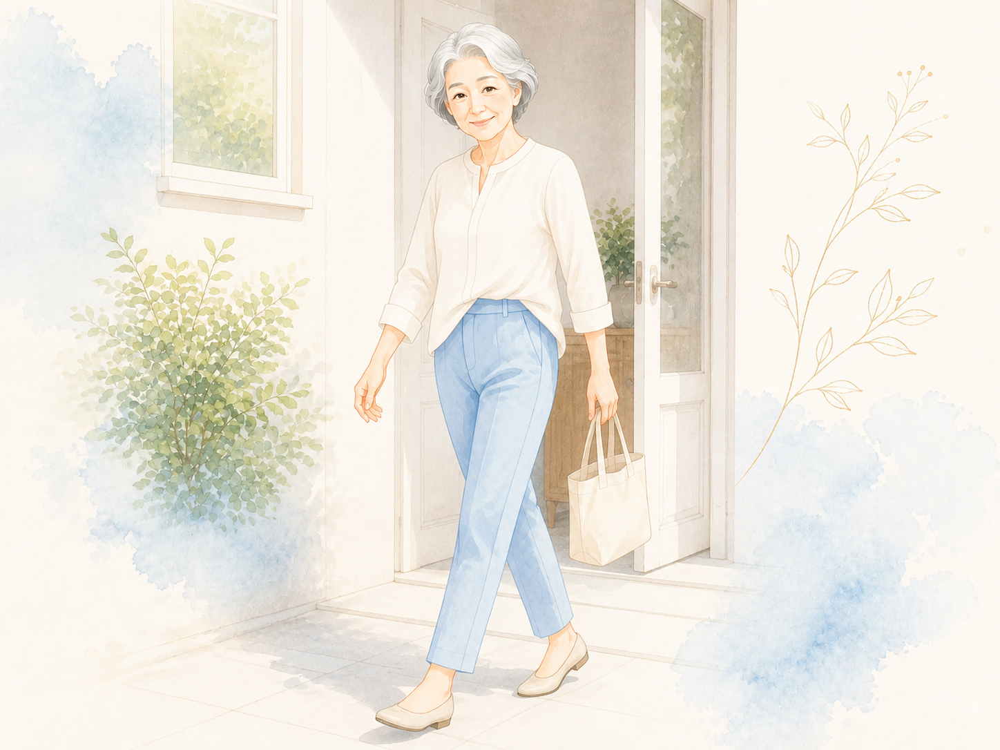 年齢を重ねた女性が明るい家から買い物へ出かけるイラスト