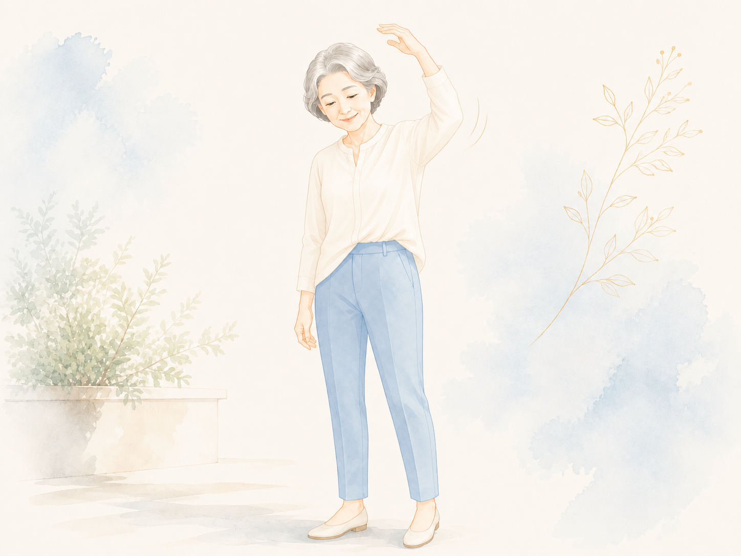 年齢を重ねた女性が腕を上げて身体の感覚を確かめるイラスト