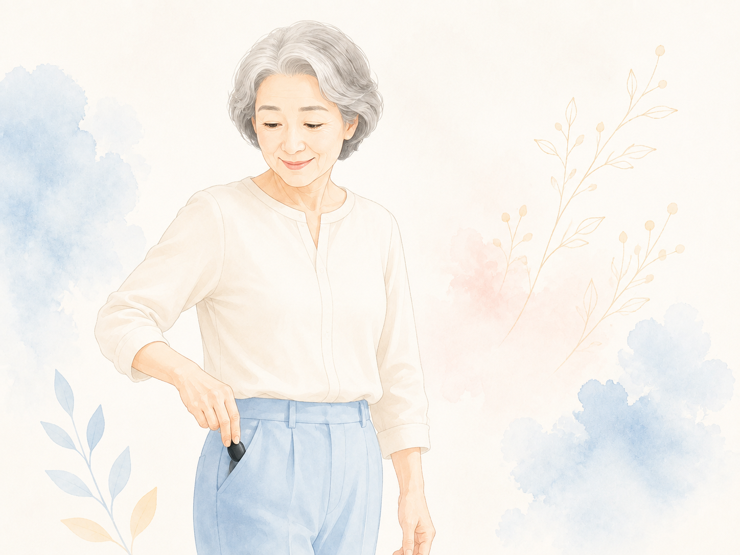 年齢を重ねた女性が小さな黒いアイテムを服のポケットに入れるイラスト