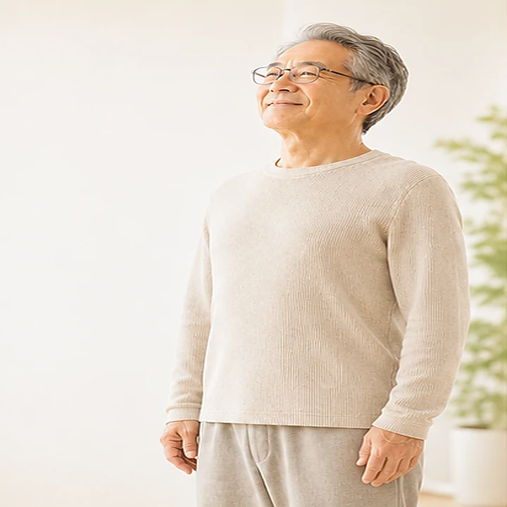 明るい室内で、男性がゆっくり両腕を開く様子