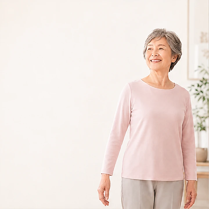 明るい室内で、女性がなめらかに腕を上げる様子