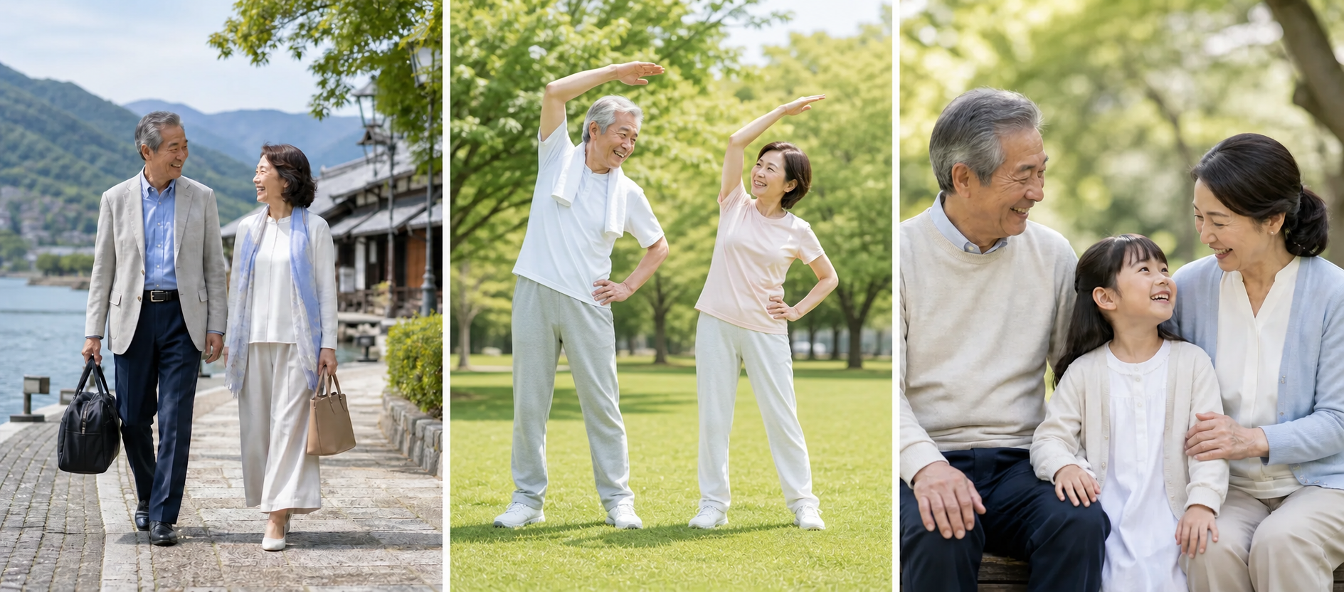 旅先を笑顔で歩く、60代くらいの日本人男女