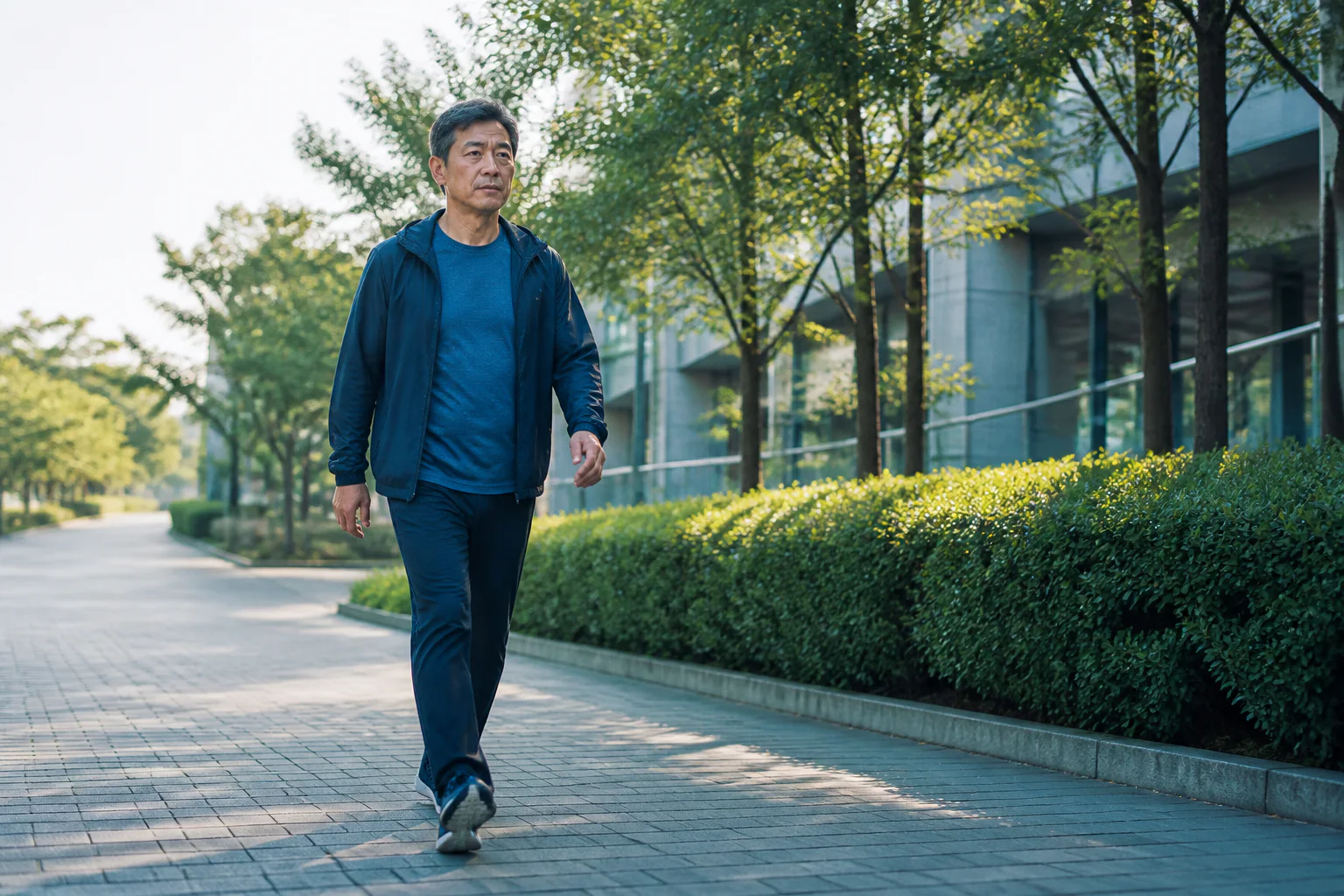 緑のある歩道を歩く50代の男性