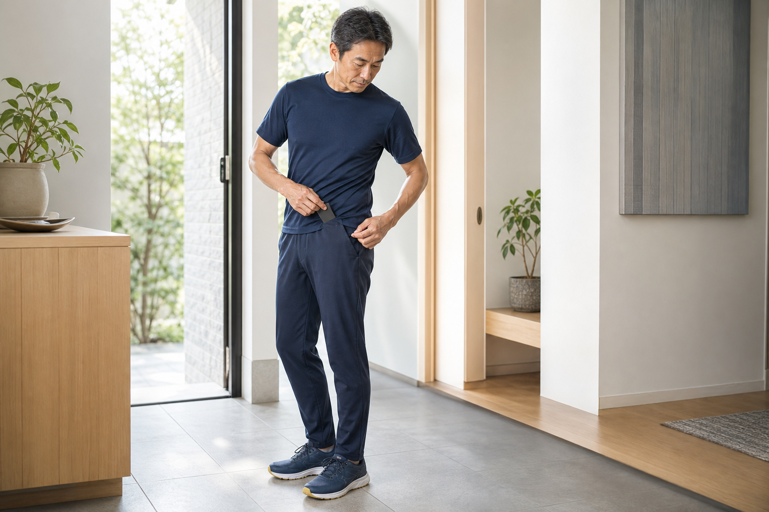 40代の男性が小さな黒い素材を運動着のポケットに入れる様子
