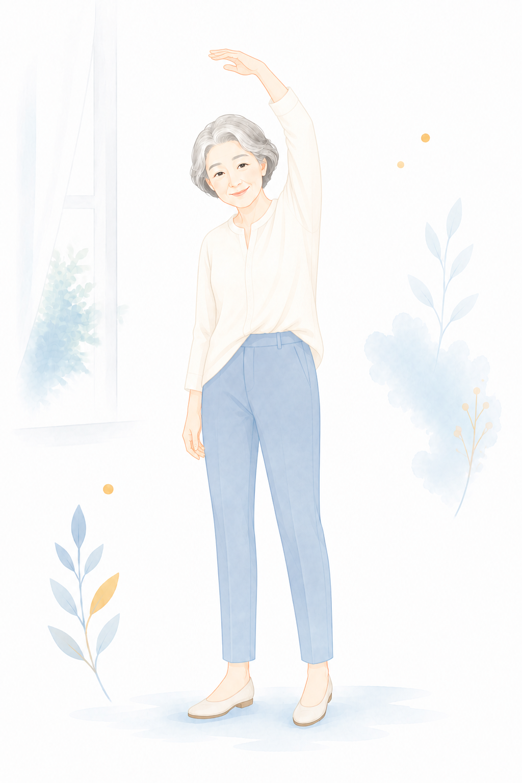 年齢を重ねた女性が腕を上げて自分の身体の感覚を確かめる様子のイラスト