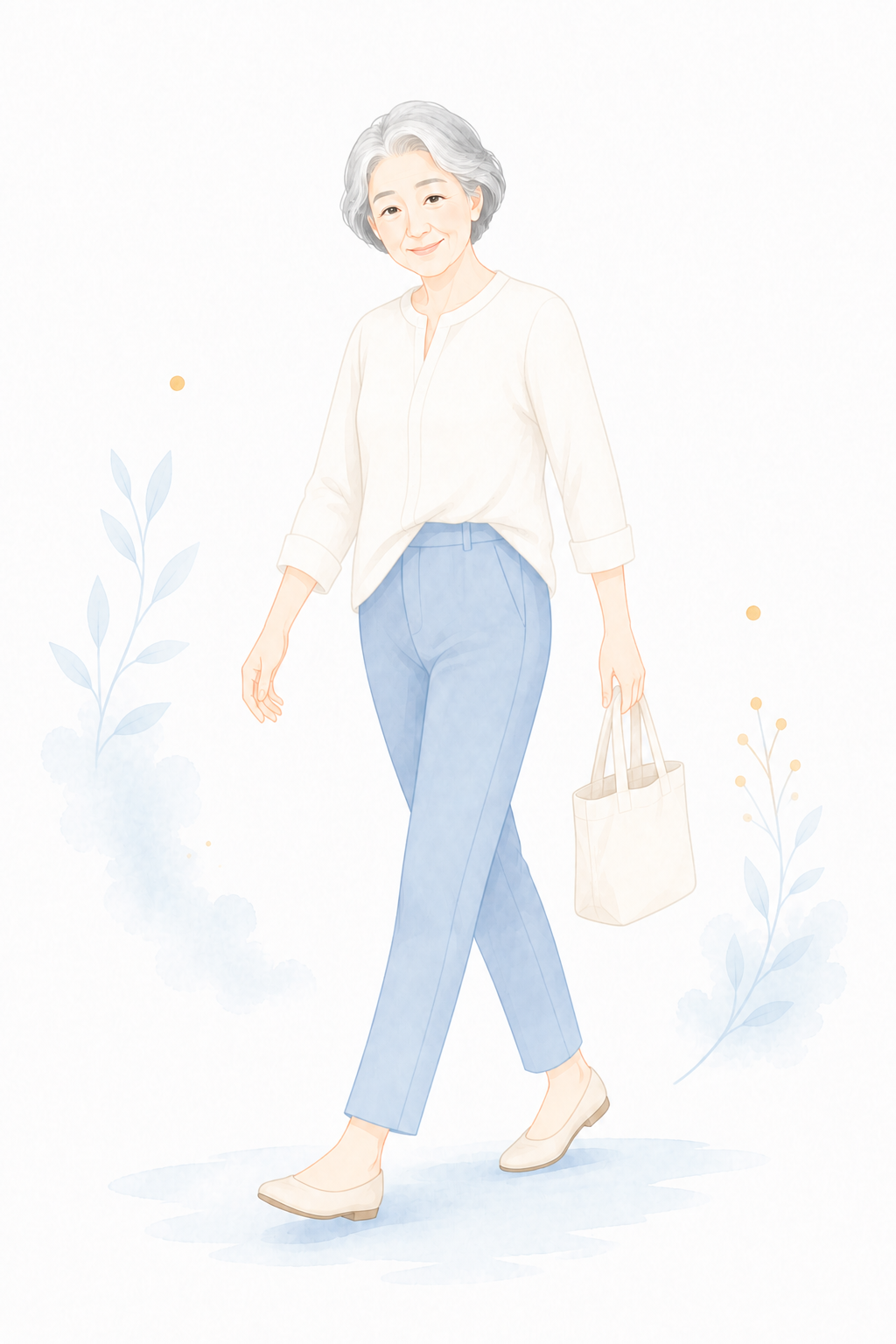 年齢を重ねた女性が買い物袋を持って、いつも通り歩く様子のイラスト