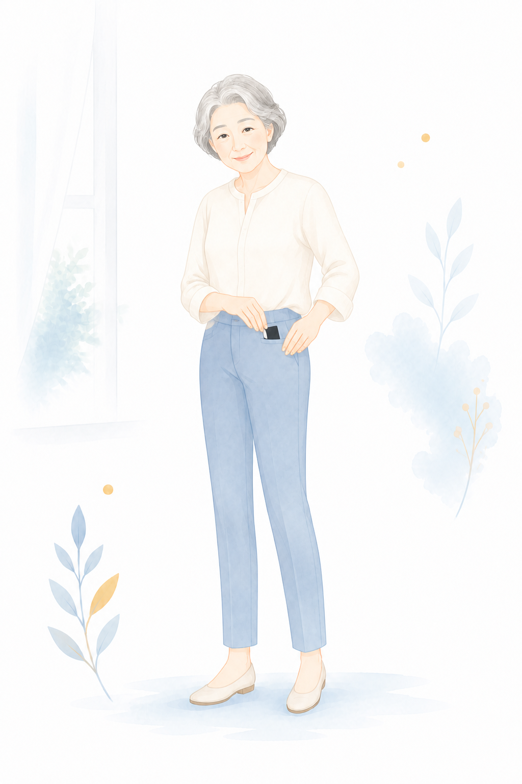 年齢を重ねた女性が小さな黒い素材を服のポケットに入れて身につける様子のイラスト